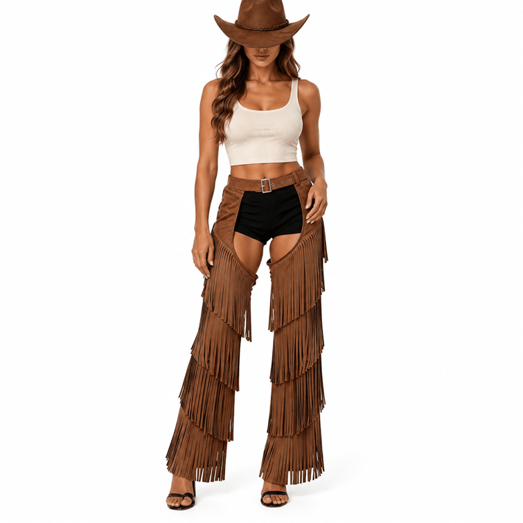 Chaps femme marron longues franges style cowboy (5)