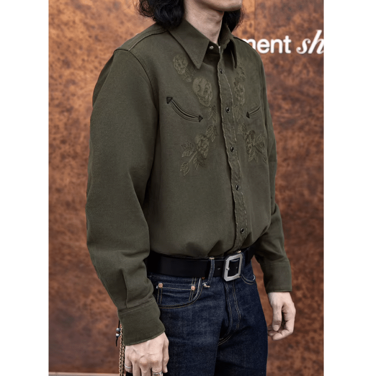 Chemise cowboy homme traditionnelle kaki brodée 100 % coton (4)