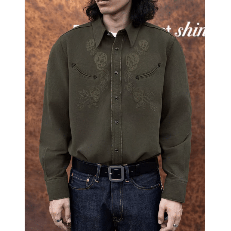 Chemise cowboy homme traditionnelle kaki brodée 100 % coton (5)