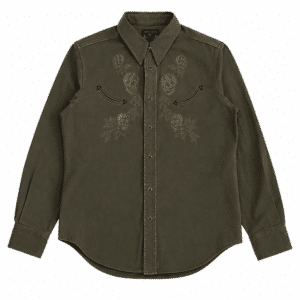Chemise cowboy traditionnelle homme kaki brodée 100 % coton