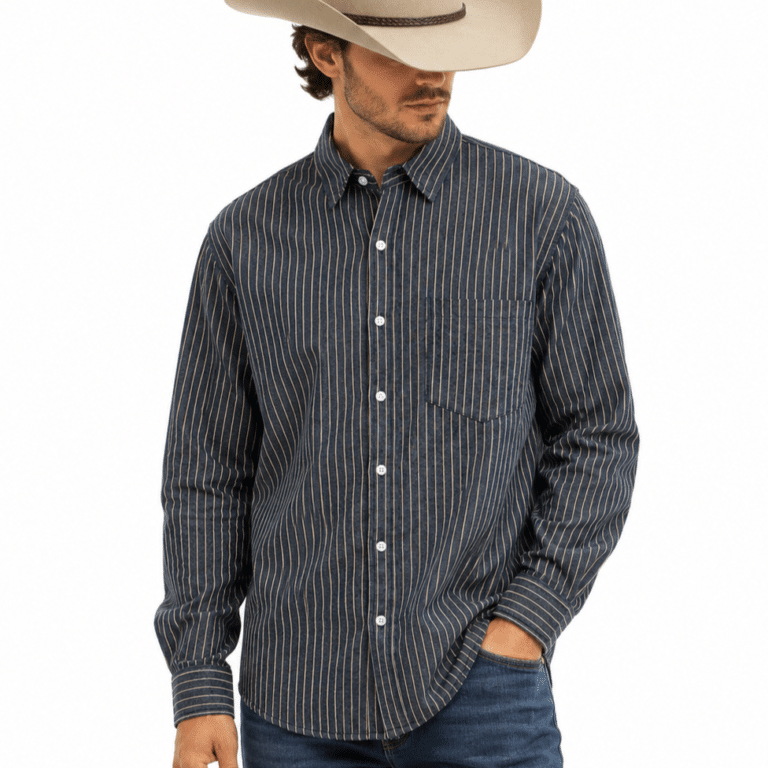 Chemise cowboy vintage lin et coton rayures bleues (2)