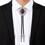 Cravate bolo argentée cabochon rouge turquoise (1)