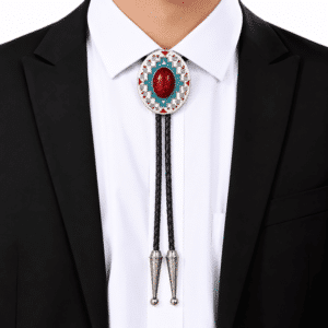 Cravate bolo argentée cabochon rouge turquoise