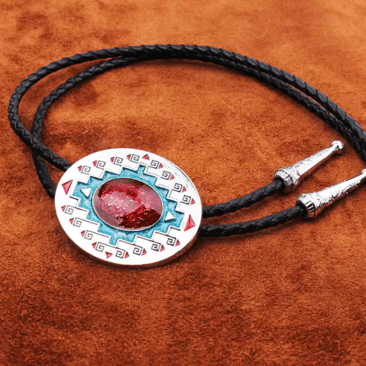 Cravate bolo argentée cabochon rouge turquoise (2)
