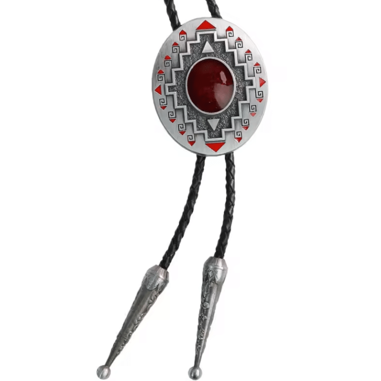 Cravate bolo cowboy argentée pierre rouge motif géométrique (1)