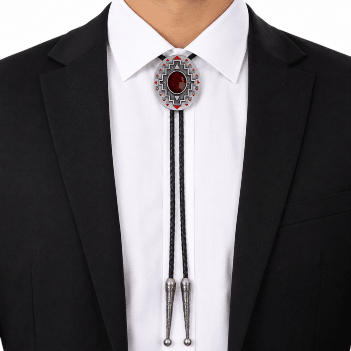 Cravate bolo cowboy argentée pierre rouge motif géométrique (4)