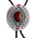 Cravate bolo cowboy argentée pierre rouge motif géométrique (5)