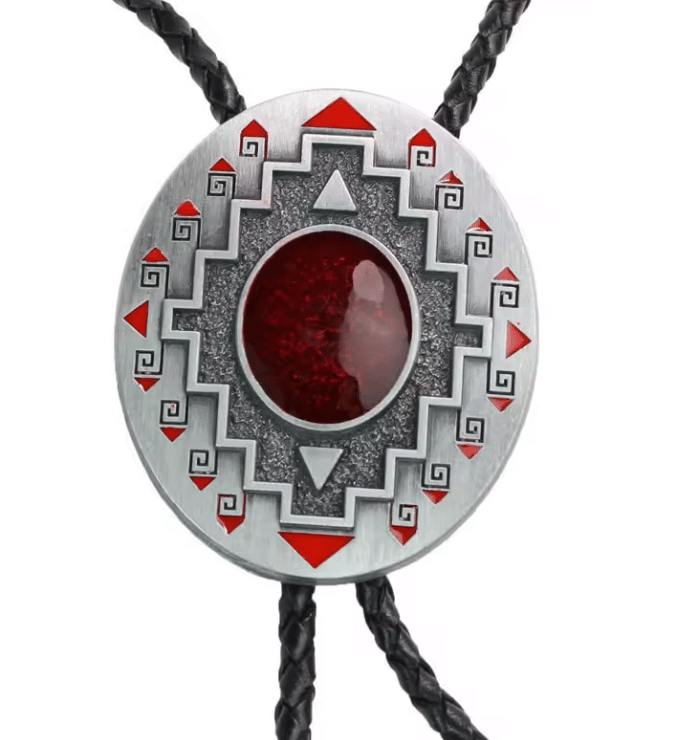 Cravate bolo cowboy argentée pierre rouge motif géométrique (5)