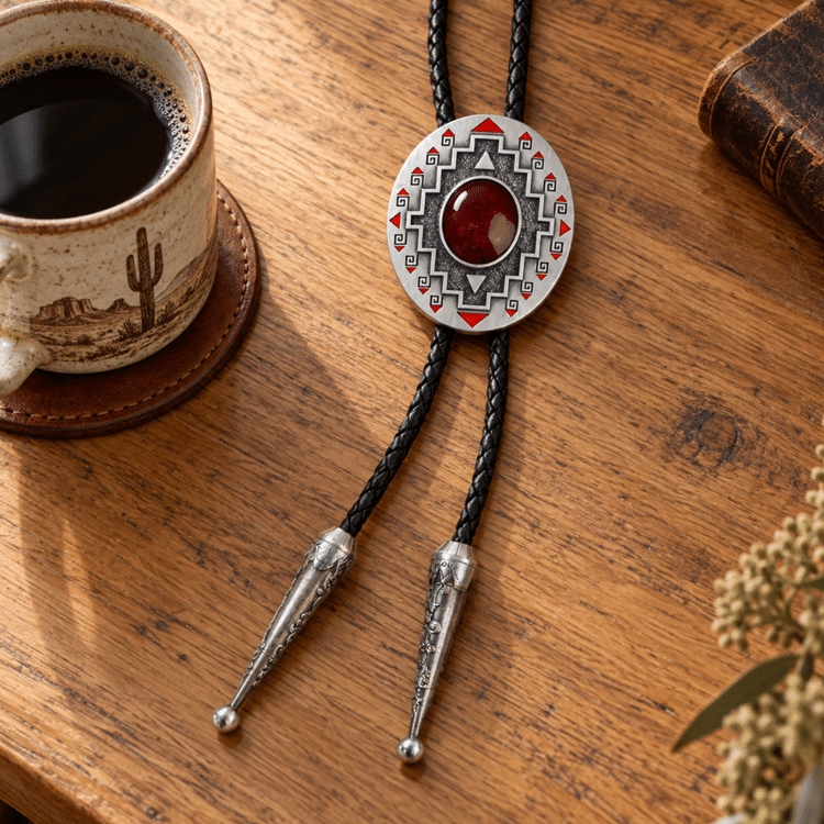 Cravate bolo cowboy argentée pierre rouge motif géométrique (6)