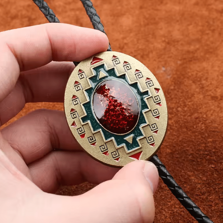Cravate bolo cowboy dorée à cabochon rouge motif géométrique (1)