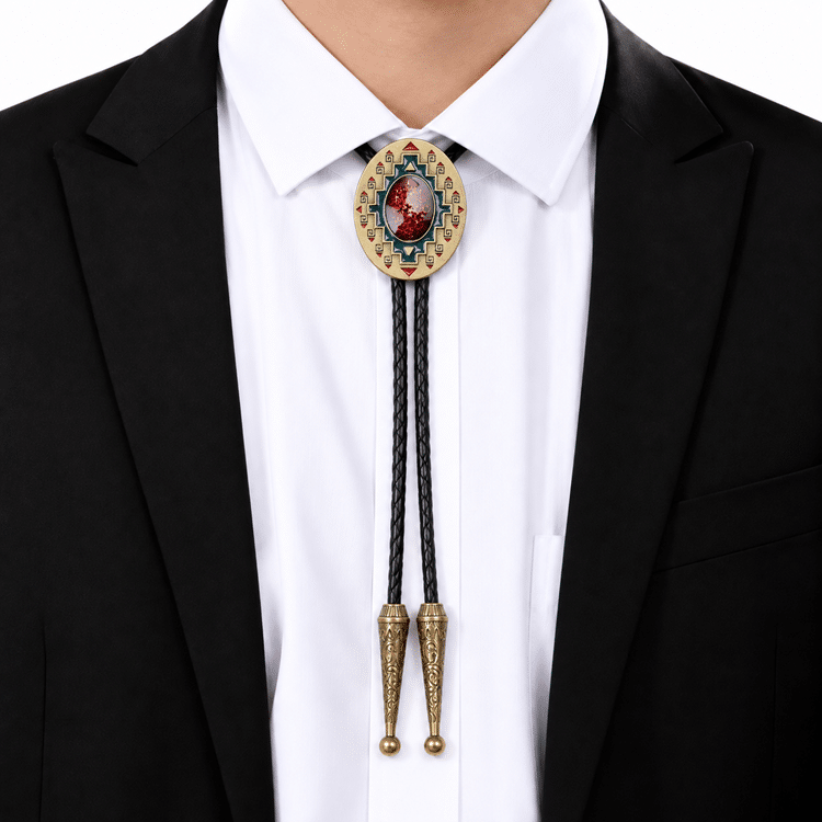 Cravate bolo cowboy dorée à cabochon rouge motif géométrique (2)