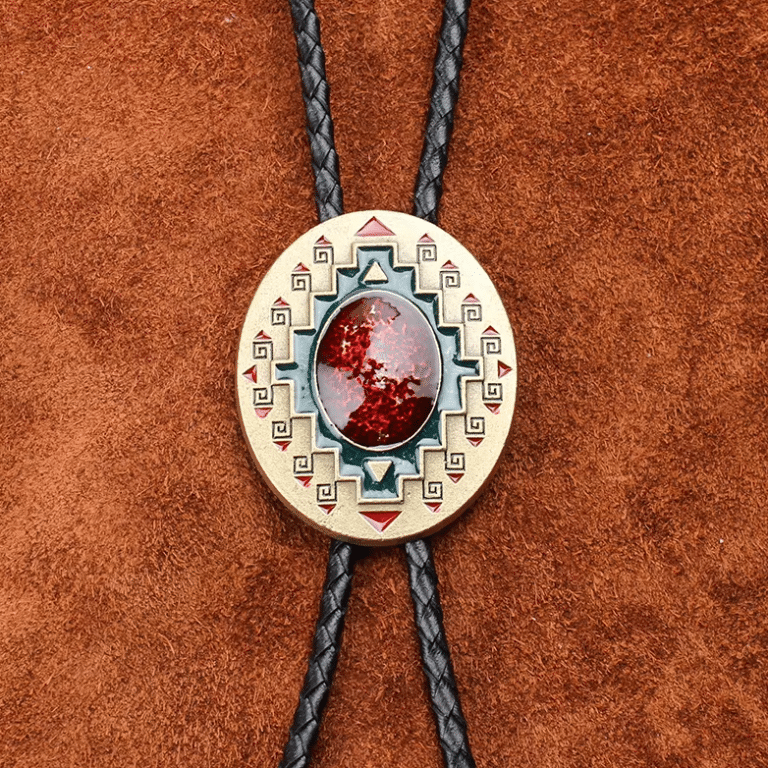 Cravate bolo cowboy dorée à cabochon rouge motif géométrique (3)