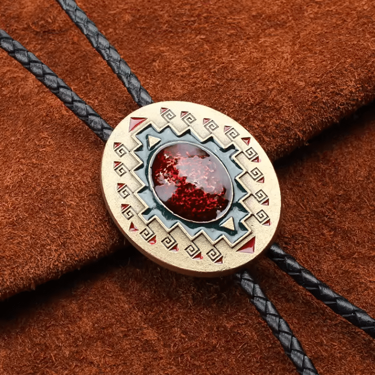Cravate bolo cowboy dorée à cabochon rouge motif géométrique (5)