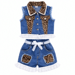 Ensemble bébé cowboy motif léopard volants blancs
