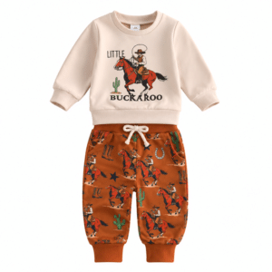 Ensemble bébé cowboy sweat beige et pantalon marron western