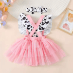 Ensemble bébé rose motif vache jupe tutu bandeau (3)