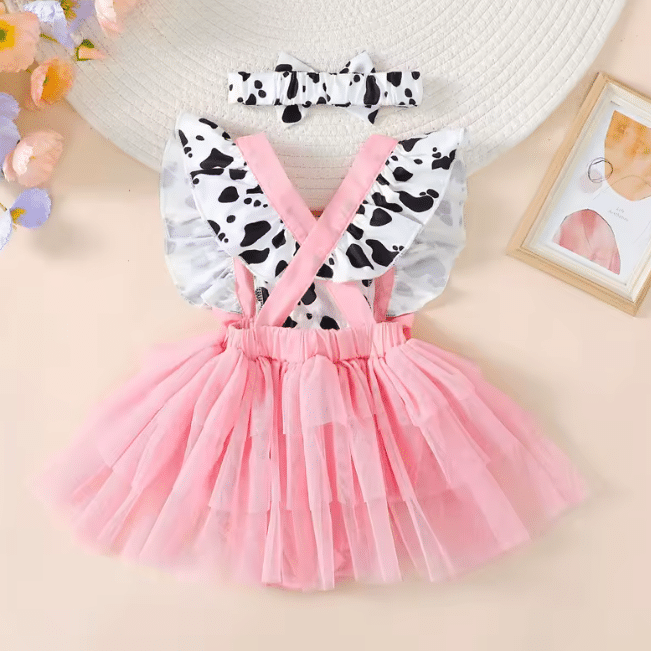 Ensemble bébé rose motif vache jupe tutu bandeau (3)