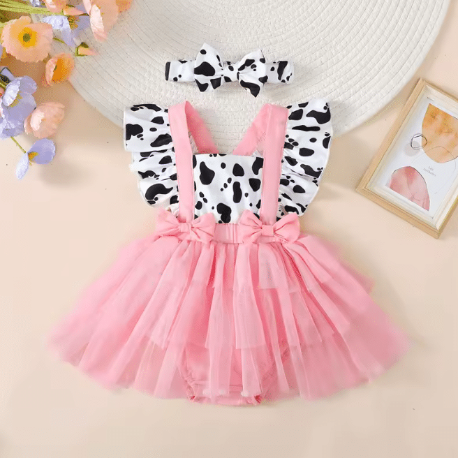 Ensemble bébé rose motif vache jupe tutu bandeau (4)