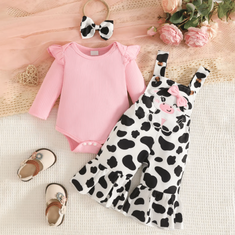 Ensemble bébé salopette vache haut rose à volants (1)