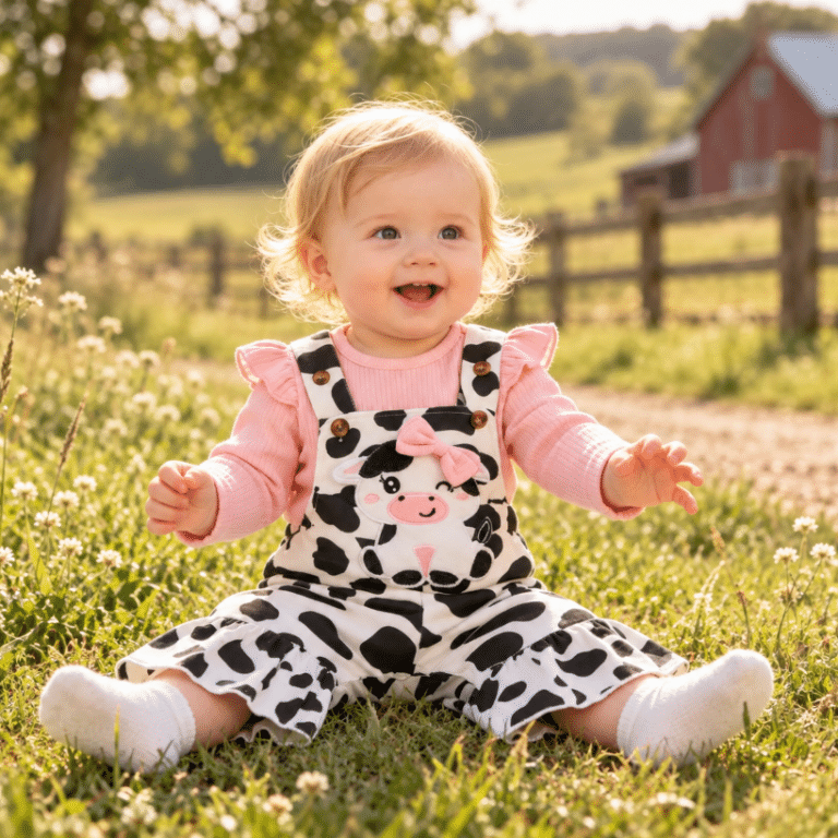 Ensemble bébé salopette vache haut rose à volants (2)
