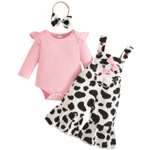 Ensemble bébé salopette vache haut rose à volants