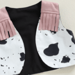Ensemble cowboy bébé motif vache noir blanc à franges roses (1)