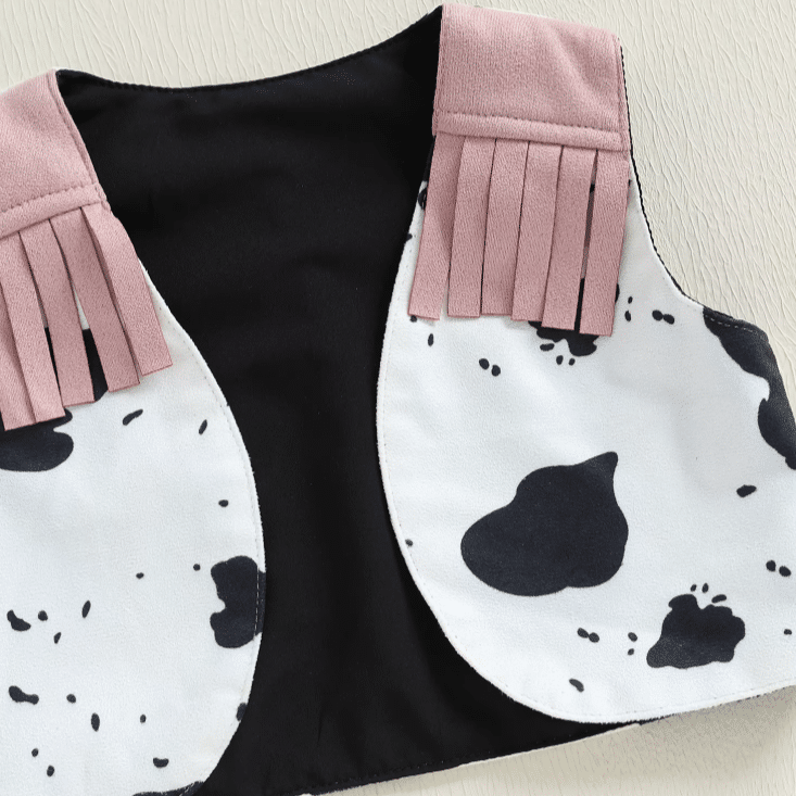 Ensemble cowboy bébé motif vache noir blanc à franges roses (1)