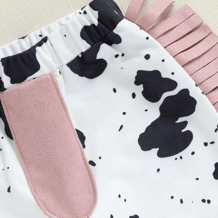 Ensemble cowboy bébé motif vache noir blanc à franges roses (2)