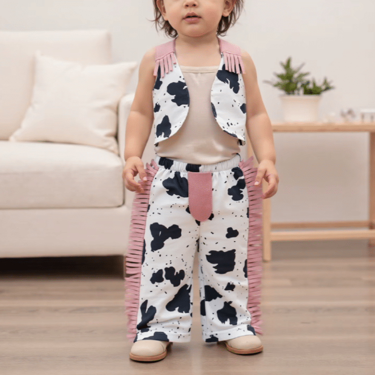 Ensemble cowboy bébé motif vache noir blanc à franges roses (4)