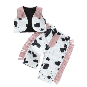 Ensemble cowboy bébé motif vache noir blanc à franges roses
