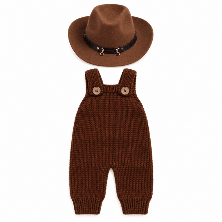 Ensemble cowboy bébé salopette tricot marron et chapeau western (1)