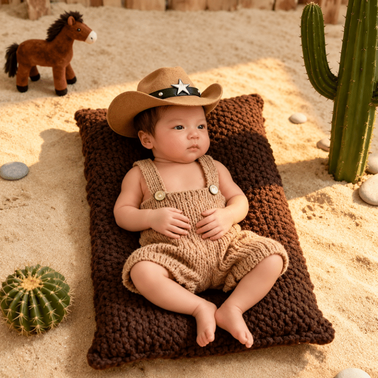 Ensemble cowboy bébé salopette tricot marron et chapeau western (2)