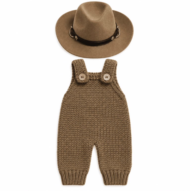 Ensemble cowboy bébé salopette tricot marron et chapeau western (4)