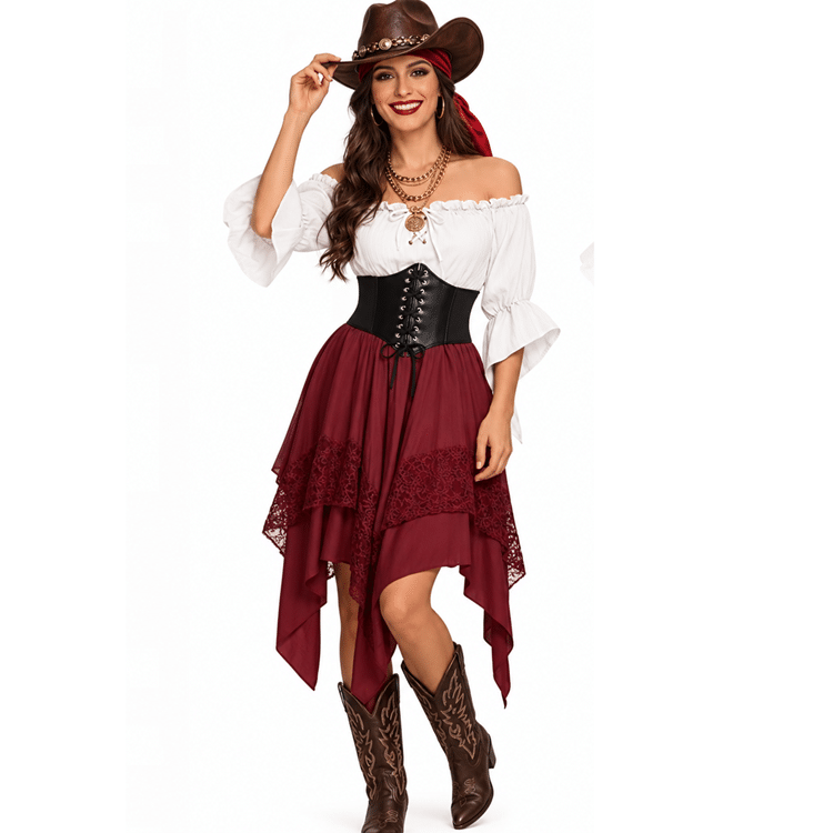 Ensemble cowgirl femme blanc noir bordeaux Western romantique (1)
