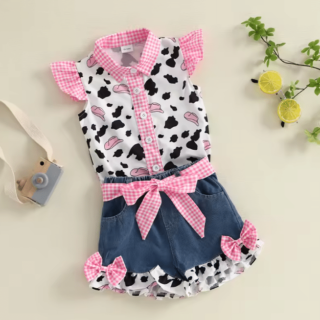 Ensemble cowgirl fille col rose short bleu (1)
