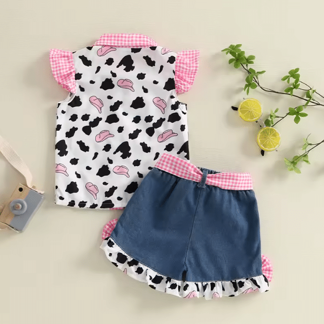 Ensemble cowgirl fille col rose short bleu (5)