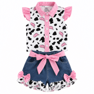 Ensemble cowgirl fille col rose short bleu