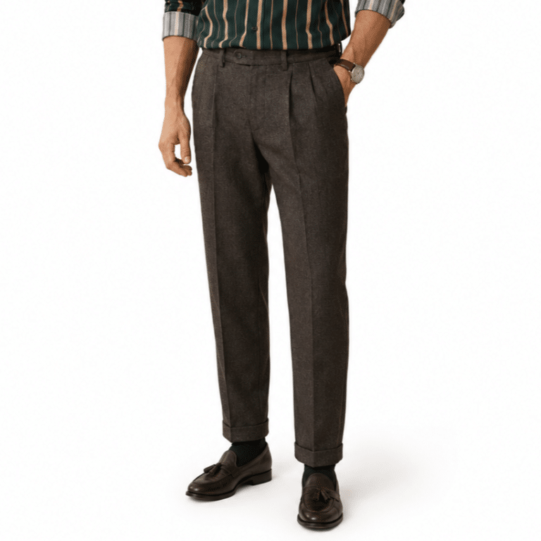 Pantalon vintage brun taupe à pinces et pattes latérales (2)
