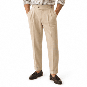 Pantalon vintage homme beige taille haute à pinces et revers