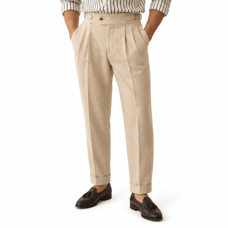Pantalon vintage homme beige taille haute à pinces et revers (2)