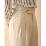 Pantalon vintage homme beige taille haute à pinces et revers (3)