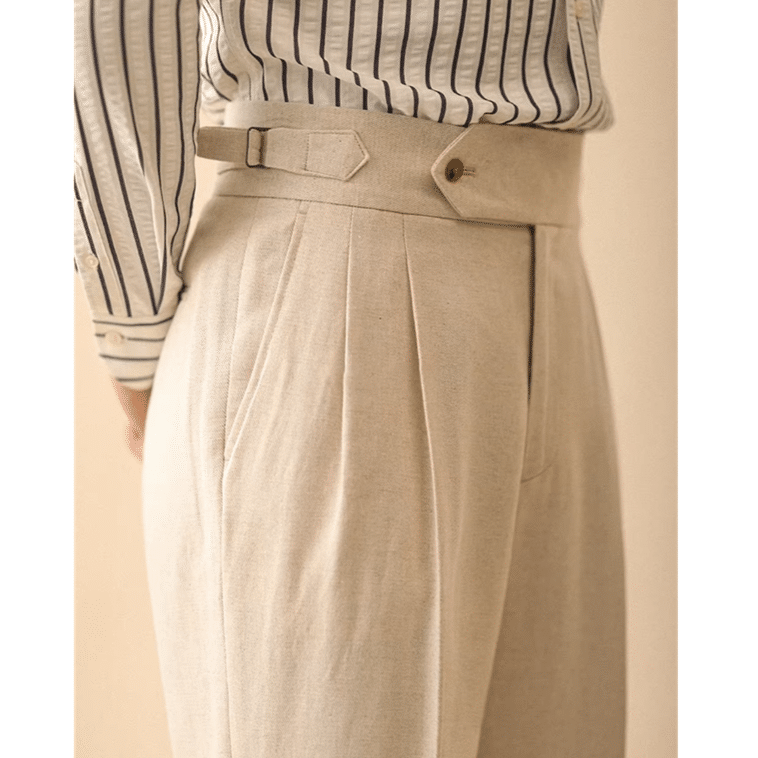 Pantalon vintage homme beige taille haute à pinces et revers (3)
