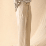 Pantalon vintage homme beige taille haute à pinces et revers (4)