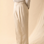 Pantalon vintage homme beige taille haute à pinces et revers (5)