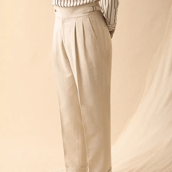 Pantalon vintage homme beige taille haute à pinces et revers (5)