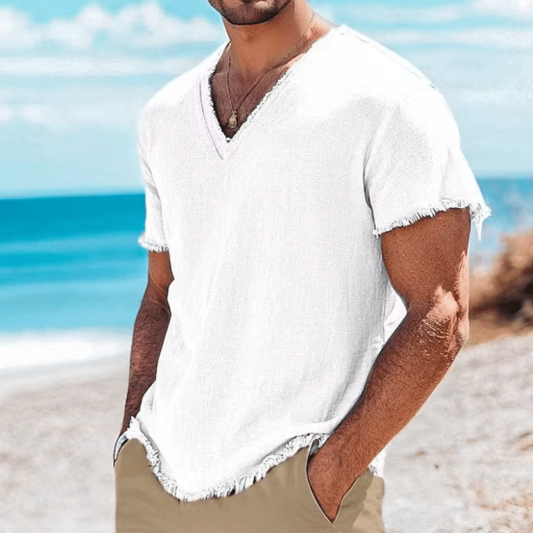 T-shirt cowboy blanc coton lin bords effilochés (1)