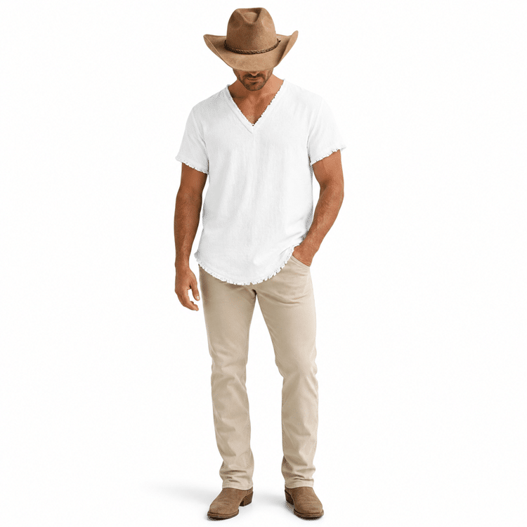 T-shirt cowboy blanc coton lin bords effilochés (2)