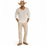 T-shirt cowboy homme manches longues col V écru coupe ample (2)