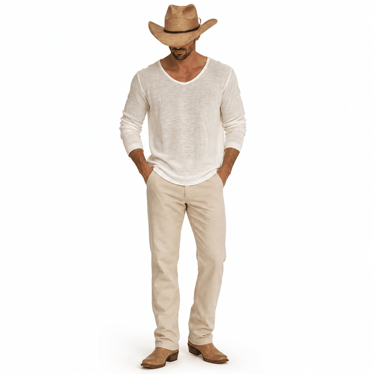 T-shirt cowboy homme manches longues col V écru coupe ample (2)