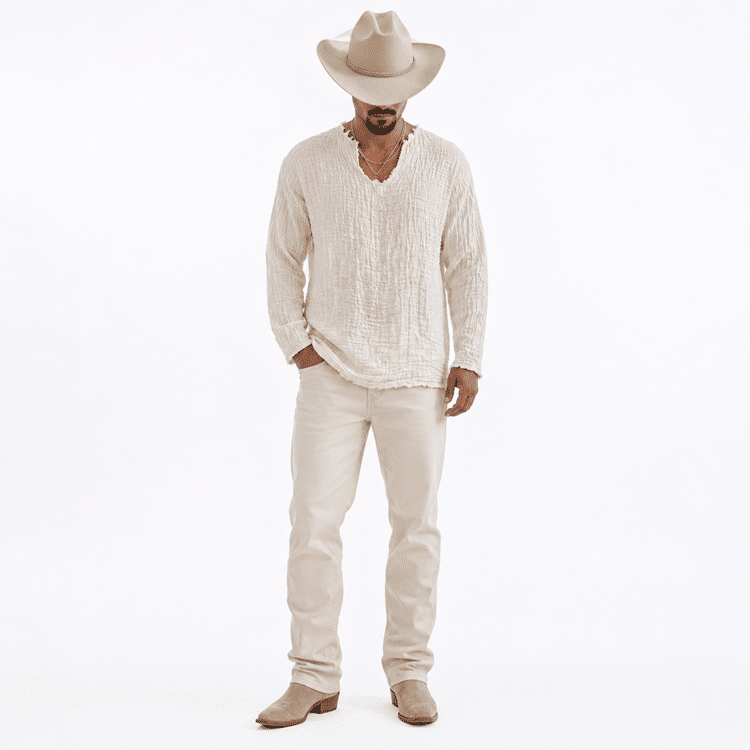 Tunique cowboy crème coton finition brut col V (3)